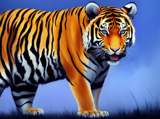 Fototapeta na wymiar Digital painting of Beautiful tiger relaxing on warm day, Colorful magic tiger, cartoon style drawing, generative ai art illustration