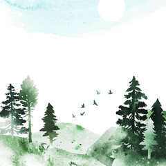 Fototapeta premium Watercolor nature vector template. Spring green hills, birds and coniferous forest. Vector silhouette of trees. Hand drawn frame with place for text or illustration