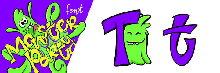 Letter T from the Monster party alphabet font. Large and small cartoon style letters set with cute monsters behind them for children, kindergarten, school, education, home party decor illustration