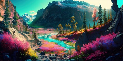 Abstract colorful morning sunrise in mountains, vivid color flowers and the awakening of spring. Colorful vivid flora and fauna background. An amazing sight. Generative AI.