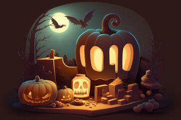 Contextual information for Halloween. spooky treats next to a lit pumpkin. Generative AI