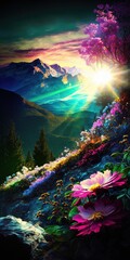 Abstract colorful morning sunrise in mountains, vivid color flowers and the awakening of spring. Colorful vivid flora and fauna background. An amazing sight. Generative AI.