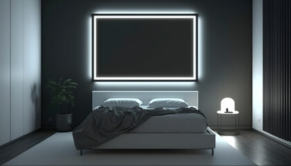 Blank frame mockup in a modern and confortable house, black wall, illuminated by RGB led strips, 3d render, Generative AI
