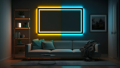 Blank frame mockup in a modern and confortable house, black wall, illuminated by RGB led strips, 3d render, Generative AI