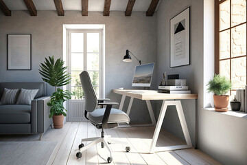 Generative AI illustration of modern living room with workspace