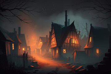 Hunted Village is a dark and foggy place. Concept art for Halloween; scary atmosphere of a medieval village afflicted by the black plague. Generative AI