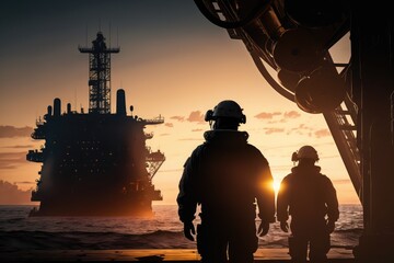 Offshore workers at work at an oilrig, made with generative ai