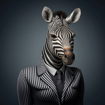 Zebra Mare in Business Formal Wear, Creative Stock Image of Female Animal in Business Suit. Generative AI