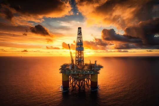 Oilrig from aerial view in the sunset, made with generative ai