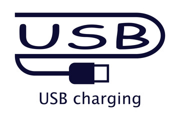 USB charging cable. A colored vector icon. Charging cable with the inscription USB charging. Label. 