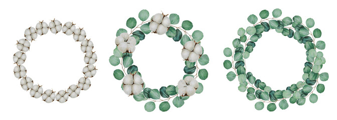 Watercolor compositions of frames and wreaths of eucalyptus and cotton. Hand painting clipart on an isolated background. Print for wedding invitation, designers, decoration, textile, poster
