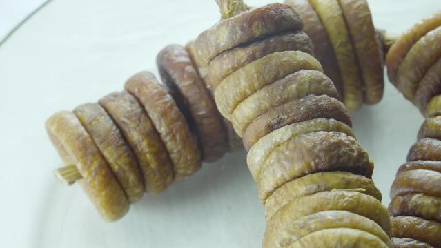 Dry Organic Fig Fruits, Rotation Clip of Dried Wrinkled Sweet Natural Dessert.
