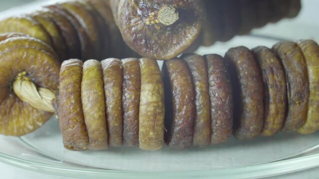Dry Organic Fig Fruits, Rotation Clip of Dried Wrinkled Sweet Natural Dessert.