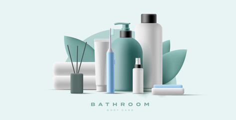 Set of modern body care products for the bathroom 3d. Compositions of shampoo, gel, spray, soap, toothpaste and brush, aroma sticks and towels, with elements of leaves. - obrazy, fototapety, plakaty