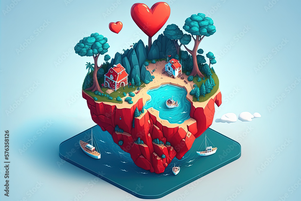 Poster A romantic present on Valentine's Day. enthusiasm for exploring new places and experiencing exciting new things. Tiny, heart shaped island. a little island with a big, blue heart. Generative AI