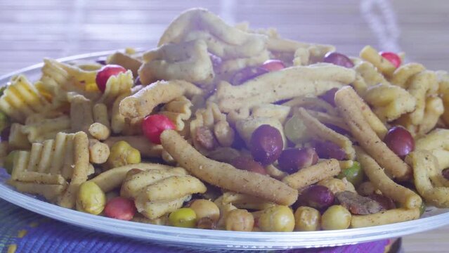 Mix Nimco, Closeup Shot of Nimko Snacks, Indian or Pakistani Traditional Refreshment for Tea Time or Evening Brunch.