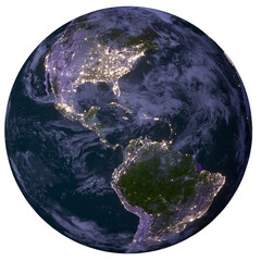 The nightly planet earth as png file transparent with city lights. The America Continent. Elements of this image furnished by NASA.