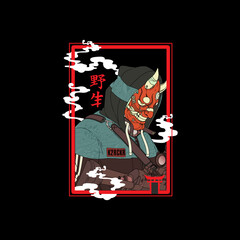 A red samurai oni demon mask with a jacket on