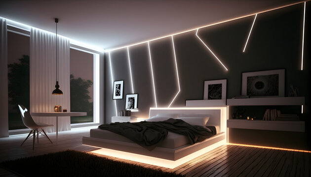 Modern and confortable bedroom illuminated by led strips, 3d render, Generative AI