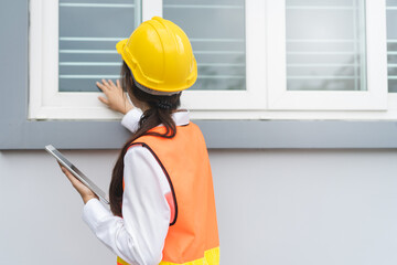 Builder inspection consultancy. Inspector checking material and structure in construction.