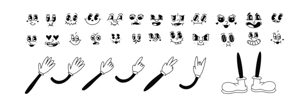 Retro 30s cartoon mascot characters funny faces. 50s, 60s old animation eyes and mouths elements. Vintage comic smile for logo vector set. legs, foots, hands in gloves, different positions 