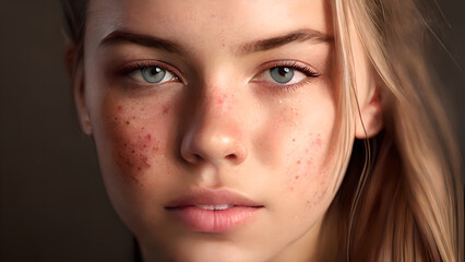 Beautiful woman with skin problems (acne, melasma, freckles, rough pores)
