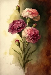 Watercolor painting of carnations Mothers Day,Generative AI