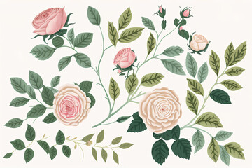 On a white background, a floral pattern with pink and beige roses, green foliage, and branches. This is a top down flat lay. Valentine's backdrop. Patterned floral. Blooming floral design. Texture wit