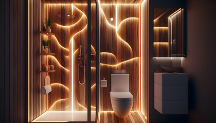 Modern and confortable wood bathroom illuminated by led strips, 3d render, Generative AI