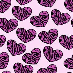 Seamless pattern with Zebra pink print textured hand drawn brush stroke heart shape. Abstract paint spot with wild animal cheetah skin pattern texture	