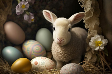 A baby lamb and easter eggs. Illustration - Culture and religion