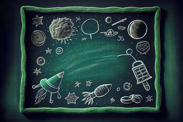 Doodle on green school teacher's chalkboard background with blank copy space for childhood imagination. Generative Ai