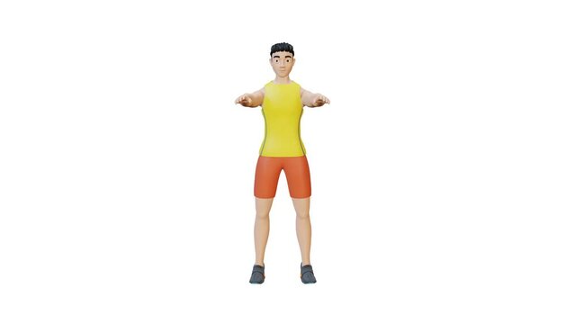 Animated character doing Air Squats-Front View. Squat exercise in 3d animation and illustration. Perfect for fitness themed productions, health products, diet, weight loss, video editing. 3d Render