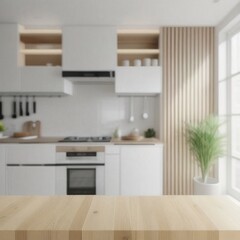 Fototapeta na wymiar a kitchen with a wooden table and white cabinets, a digital rendering, ai generated