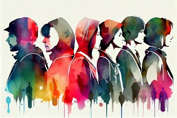 Abstract People, Not Real People. Human Diversity Concept. Watercolor Design Illustration. Generative AI