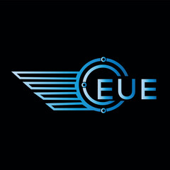 EUE logo, letter logo. EUE blue image on black background. EUE technology Monogram logo design for entrepreneur best business icon.
