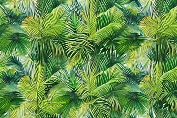 Fototapeta na wymiar A continuous belt of tropical vegetation. Wallpaper pattern painted in watercolor. Picturesque tropical setting with palm palms. Framed with a handpainted canvas. Generative AI