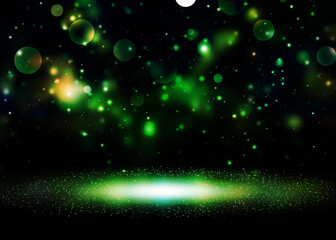 Dark green glitter lights show on stage with bokeh elegant lens flare abstract background. Dust sparks background.. - 576362541