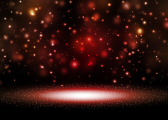 Dark red glitter lights show on stage with bokeh elegant lens flare abstract background. Dust sparks background.. - 576362557