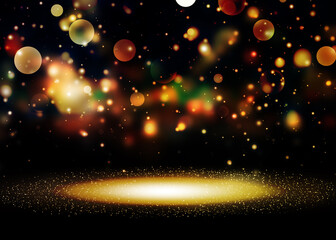 Dark Gold glitter lights show on stage with bokeh elegant lens flare abstract background. Dust sparks background.. - 576362574