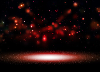 Dark red glitter lights show on stage with bokeh elegant lens flare abstract background. Dust sparks background..