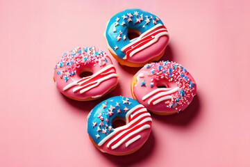 Little american flag stuck in donuts on pink background. Generative Ai