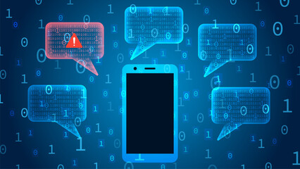 Illustration of sms attacks or sms mobile threats. Sms and smartphone on blue binary background - 576362928