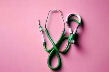 Stethoscope and green awareness ribbon on pink background. Generative Ai