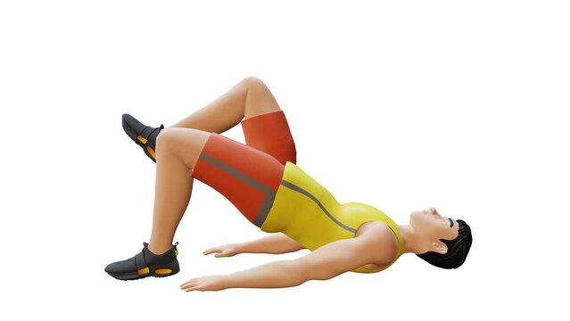 Animated character doing Glute March. Glute March exercise in 3d animation and illustration. Perfect for fitness themed productions, healthy, diet plan, weight loss training. 3d Render