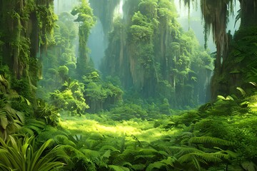 dreamy fantasy deep jungle lush vegetation, digital illustration. Generative AI