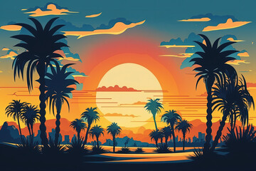 Sunset over palm trees Mediterranean golden sunset with blue sky in the background. Generative AI