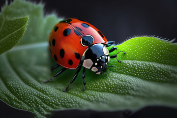 Fototapeta premium Macro photograph of a ladybug on a leaf. Generative AI