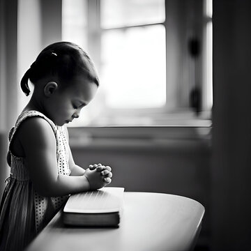 Praying Nation, Young preteen Caucasian girl praying over open Bible in black-and-white, created with Generative AI technology