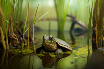 Turtle in Summer Marsh created with Generative AI Technology, ai, generative